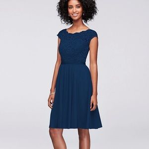 David Bridal Short Lace & Mesh w/ Illusion Neck